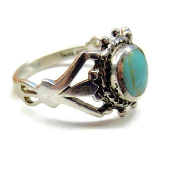 sz 6 3/4 Simulated Turquoise Women Ring Sterling Silver 925 Patina - Picture 4 of 12